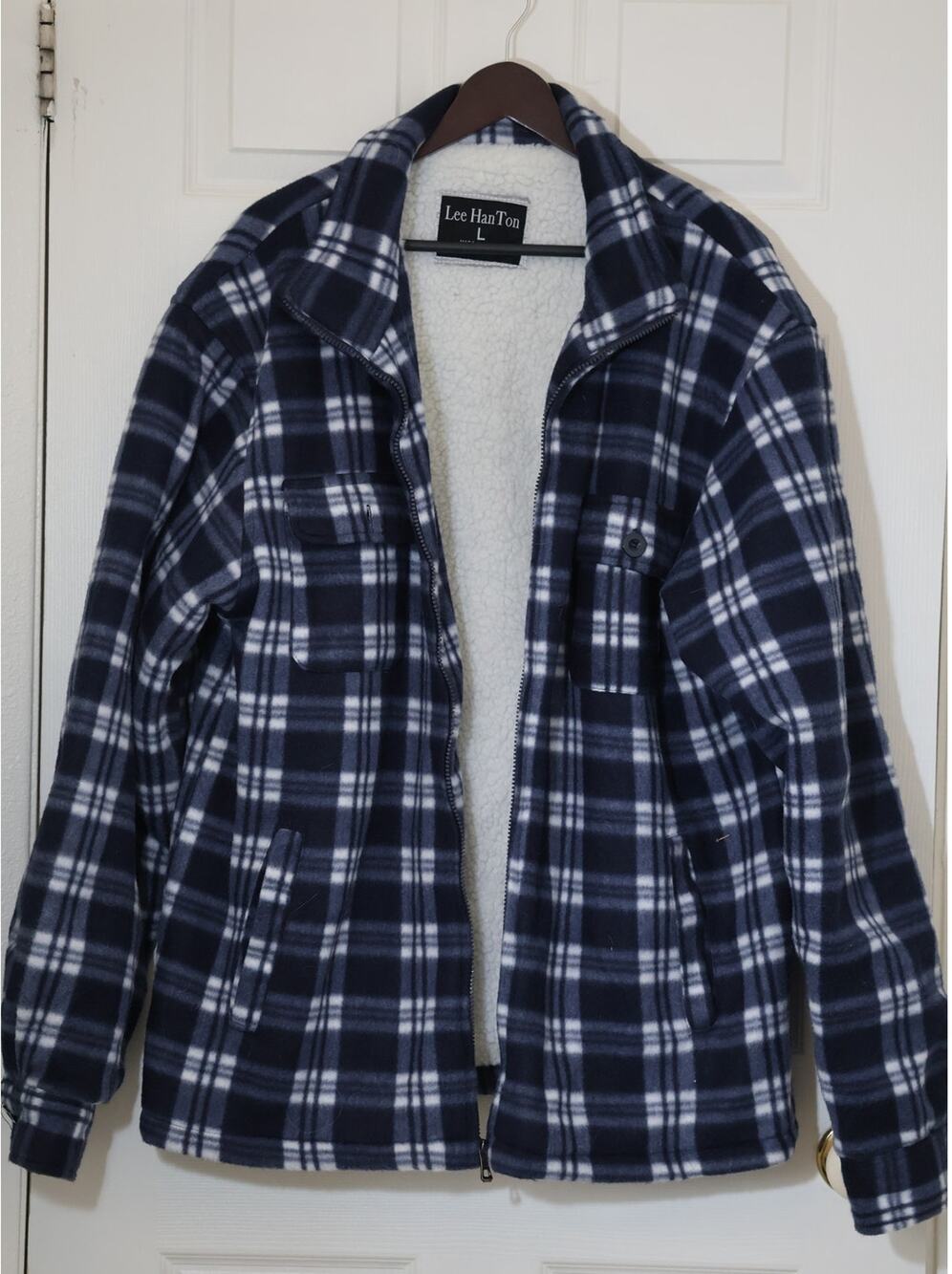 Lee HanTon Men’s Sherpa Lined Plaid Shacket Jacket | Navy Gray White | Size L